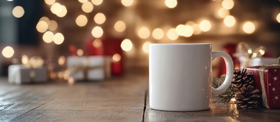 Aufkleber - Blank white mug on a rustic wooden table with blurred festive lights and holiday gifts creating a cozy atmosphere for advertising purposes.