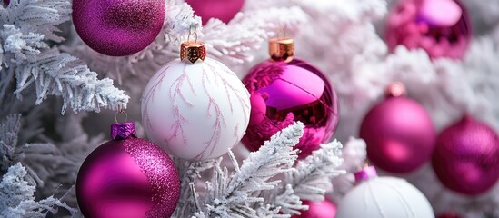 Poster - Elegant white Christmas tree decorated with vibrant magenta and pink ornaments creating a festive atmosphere for holiday celebrations