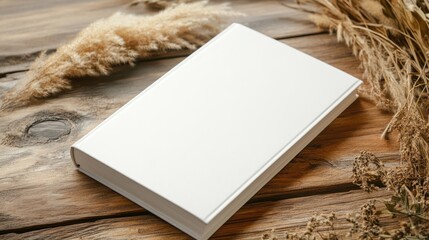 Aufkleber - Elegant white book mockup surrounded by pampas grass on rustic wooden table for stylish design presentations and marketing purposes.