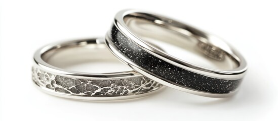 Aufkleber - Elegant white gold rings with unique meteorite inlays displayed on a clean white background showcasing luxury and craftsmanship.