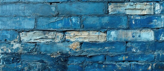 Poster - Weathered blue brick wall with stone textures perfect for web design and mobile backgrounds showcasing rustic charm and unique patterns