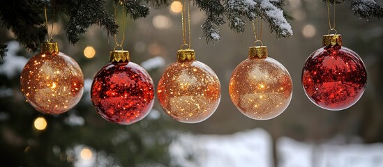 Aufkleber - Golden red vintage Christmas ornaments hanging outdoors on snowy tree branches creating a festive atmosphere for winter holiday celebrations