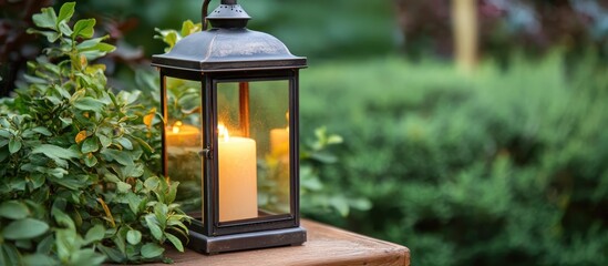 Leinwandbilder - Vintage lantern illuminated by candlelight surrounded by lush greenery creating a nostalgic and warm outdoor atmosphere