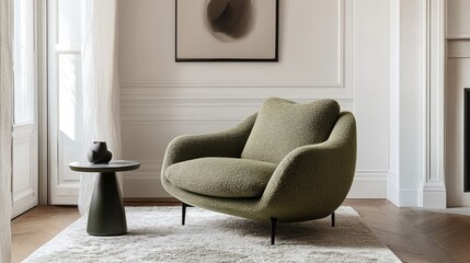 Aufkleber - Modern living room featuring a stylish kale green chair, minimalist rug, and elegant table in a bright white interior design.
