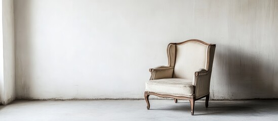 Aufkleber - Vintage armchair in neutral tones against a minimalist white wall perfect for home decor inspiration and elegant interior design displays