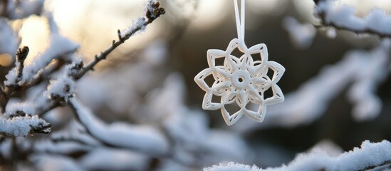 Aufkleber - Snowflake ornament hanging from a snowy tree branch in a festive close-up decorative background perfect for seasonal greeting cards and banners
