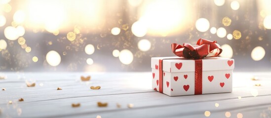 Poster - Charming white gift box with red bow and heart patterns on a wooden surface surrounded by sparkling gold bokeh lights for festive occasions
