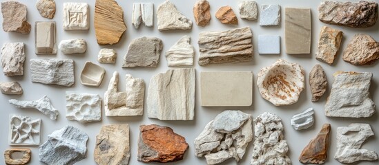 Aufkleber - Artistic arrangement of assorted sandstone pieces for creative interior design inspiration and texture applications in modern decor