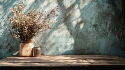 Aufkleber - Rustic wooden table adorned with dried flowers and textured background creating a warm, inviting ambiance for home decor photography