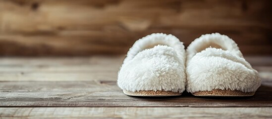 Aufkleber - Cozy white fluffy slippers laid on rustic wooden surface enhancing home decor and comfort atmosphere in living spaces.