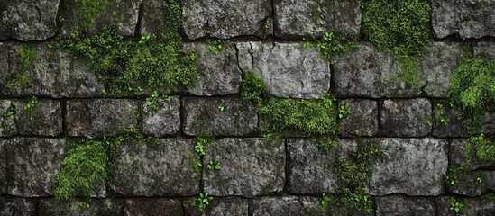 Poster - Weathered stone wall adorned with lush green moss perfect for historical or rustic themed design projects