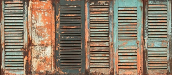 Poster - Weathered shutters on rustic building facade highlighting vintage charm and intricate architectural details of aged wood and paint.