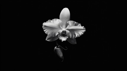 Poster - Elegant white orchid flower macro on black background showcasing intricate details for nature-inspired decor and artistic presentations.