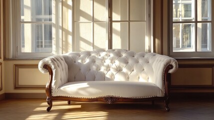 Poster - Elegant white sofa in bright sunlit room with large windows showcasing classic interior design and inviting ambiance.