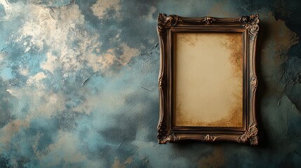 Fototapete - Vintage ornate photo frame with blank old paper centered against a textured blue and gold wall background ideal for artistic displays.