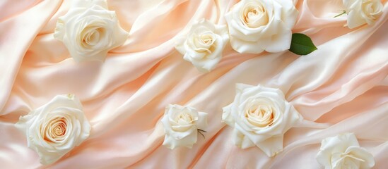Aufkleber - Elegant bridal flatlay featuring white roses and silk fabric perfect for wedding invitations and greeting card designs.