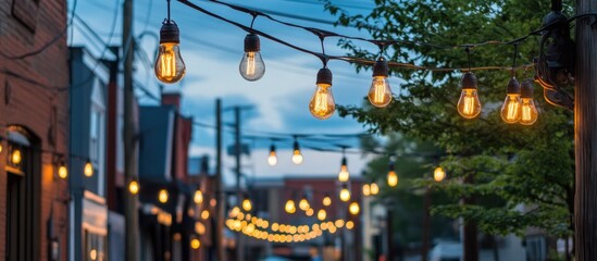 Leinwandbilder - Hanging vintage Edison bulbs illuminating a charming street with tree canopies and buildings under a serene evening sky