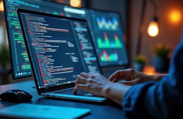 person types on laptop with multiple screens showing code, data analysis charts. person works on ai 