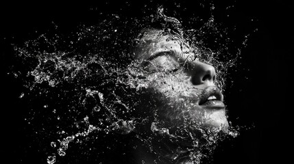 Fototapete - Dynamic water splash creating an ethereal effect on a dark background featuring a serene face in artistic black and white composition