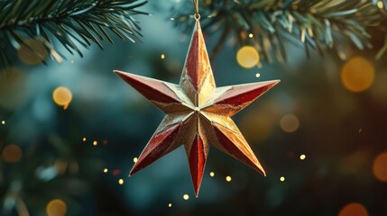 Aufkleber - Vintage star-shaped Christmas tree ornament glowing in festive lights surrounded by evergreen branches.