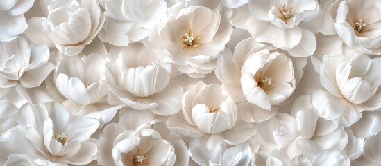 Aufkleber - Elegant arrangement of white tulips in full bloom creating a serene floral background for sophisticated design projects.
