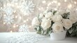 © CryptoCanvas - Elegant white roses in a decorative pot on a table with a snowflake backdrop and soft lighting creating a serene winter atmosphere.
