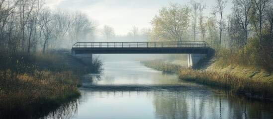 Leinwandbilder - Serene waterway landscape featuring a bridge surrounded by misty trees and calm reflections in the water during early morning light