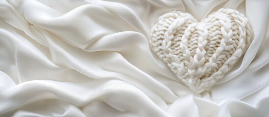 Fototapete - Elegant white silk fabric with soft folds and a textured knitted heart creating a serene and romantic atmosphere perfect for backgrounds.