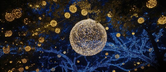 Aufkleber - Festive white ball ornaments hanging from tree branches illuminated by blue and gold lights during a magical nighttime scene