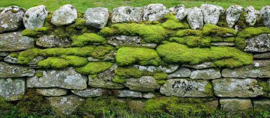 Poster - Weathered stone wall adorned with lush green moss perfect for architectural and nature-themed backgrounds