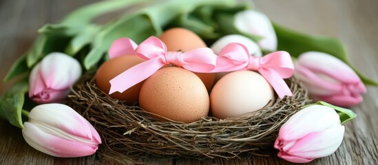 Aufkleber - Decorative eggs in a nest with pink bows surrounded by blooming tulips on a rustic wooden table for Easter celebration imagery.