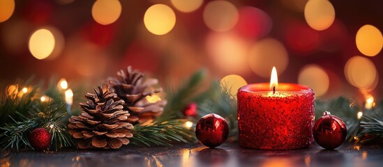 Poster - Festive holiday bokeh background with warm lights candle and pinecones for seasonal decor and celebration themes