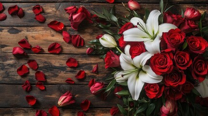 Aufkleber - Elegant wedding bouquet with white lilies and red roses arranged on rustic wooden table with scattered petals.