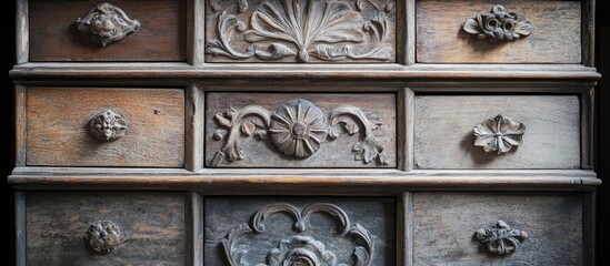 Aufkleber - Vintage wooden drawers with detailed carvings and aged textures ideal for interior design and rustic decor inspiration.