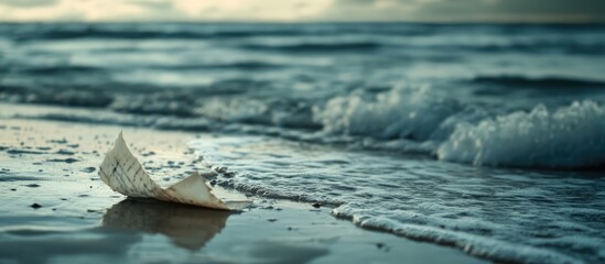Leinwandbilder - Message in a Bottle Washed Away by Ocean Waves on Serene Beach at Twilight
