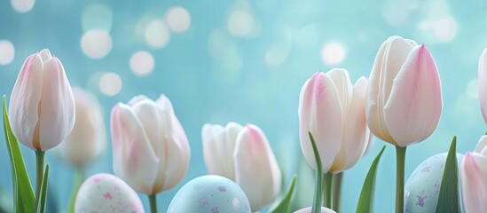 Aufkleber - Spring tulips with pink tips and decorative Easter eggs on a soft blue background ideal for seasonal celebrations and greeting cards