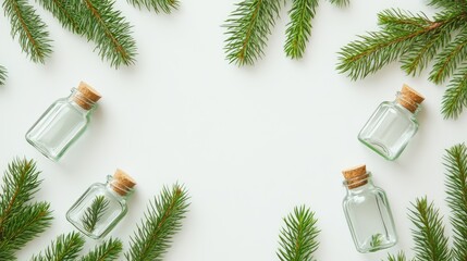 Aufkleber - Holiday flat lay with small glass bottles and fir tree branches on a white background perfect for greeting card templates or seasonal decor.