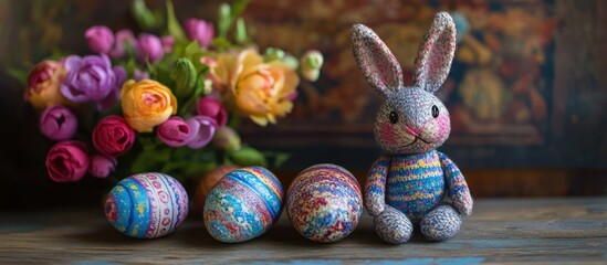 Aufkleber - Vintage Easter eggs in bright colors with a decorative bunny doll and fresh flowers on a rustic wooden table setting
