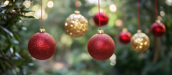 Aufkleber - Vintage red and gold Christmas ornaments with glitter hanging from a festive tree capturing the magic of the winter holiday season outdoors