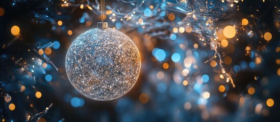 Poster - Elegant white ornament hanging from a tree illuminated by shimmering blue and gold lights creating a magical night scene.
