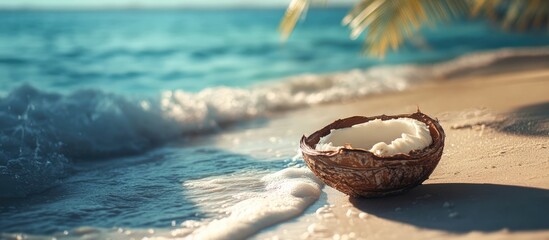 Aufkleber - Serene beach scene with gentle waves and a coconut shell resting on the sandy shore under a clear blue sky and tropical foliage.