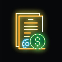 Canvas Print - Glowing neon icon illustrating the concept of financial management, featuring documents, a gear, and a dollar symbol