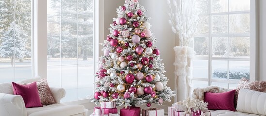 Aufkleber - Festive white Christmas tree decorated with magenta and pink ornaments creating a charming holiday atmosphere in a cozy living room