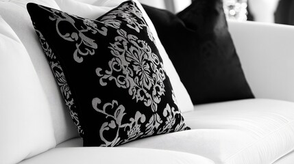 Aufkleber - Elegant black and white cushions on a white sofa showcasing intricate patterns and textures in a stylish contemporary setting