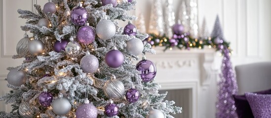 Poster - Elegant white Christmas tree decorated with shimmering silver and violet ornaments glowing in a stylish festive living room setting