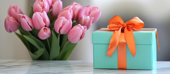 Aufkleber - Pink tulips beside a turquoise gift box with an orange bow on a white backdrop creating a vibrant spring-themed composition
