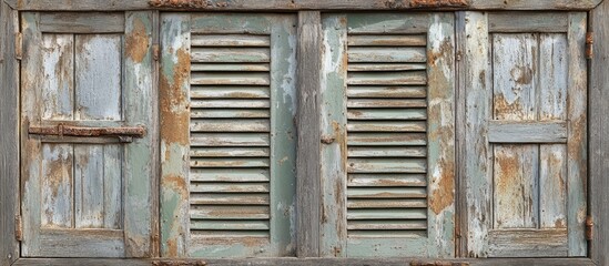 Poster - Rustic weathered shutters on a vintage building showcasing architectural charm and time-worn textures in natural light