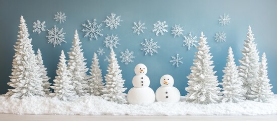 Aufkleber - White evergreen trees and snowmen surrounded by snow with a blue snowflake backdrop creating a festive winter scene.