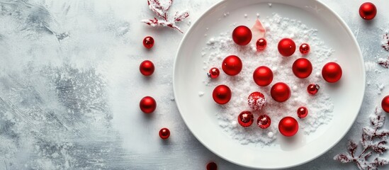 Aufkleber - Festive white plate adorned with vibrant red ornaments and a snowy backdrop for holiday season decor and celebration themes