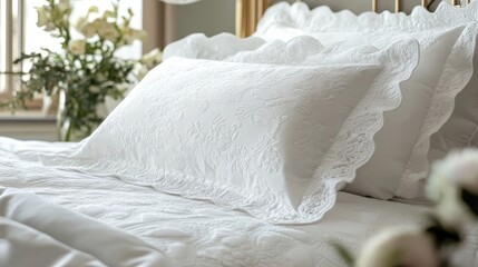 Aufkleber - Elegant white pillows and bed sheets adorned in a beautifully decorated bedroom with floral accents and soft lighting.